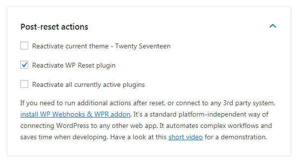 WordPress Reset - Post Reset Actions