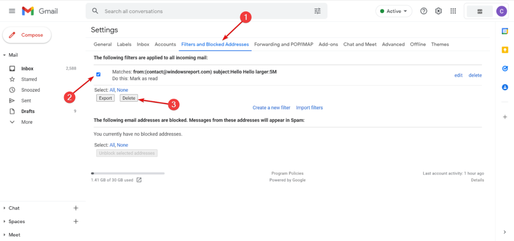 gmail filters and blocked addresses settings